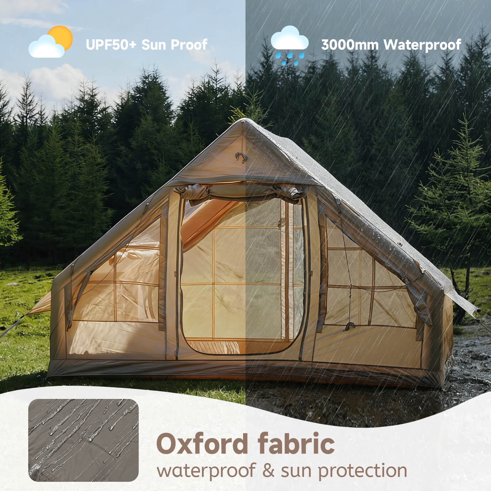 Waterproof camping tent material waterproof inflatable camping tent fabric rain protection detail