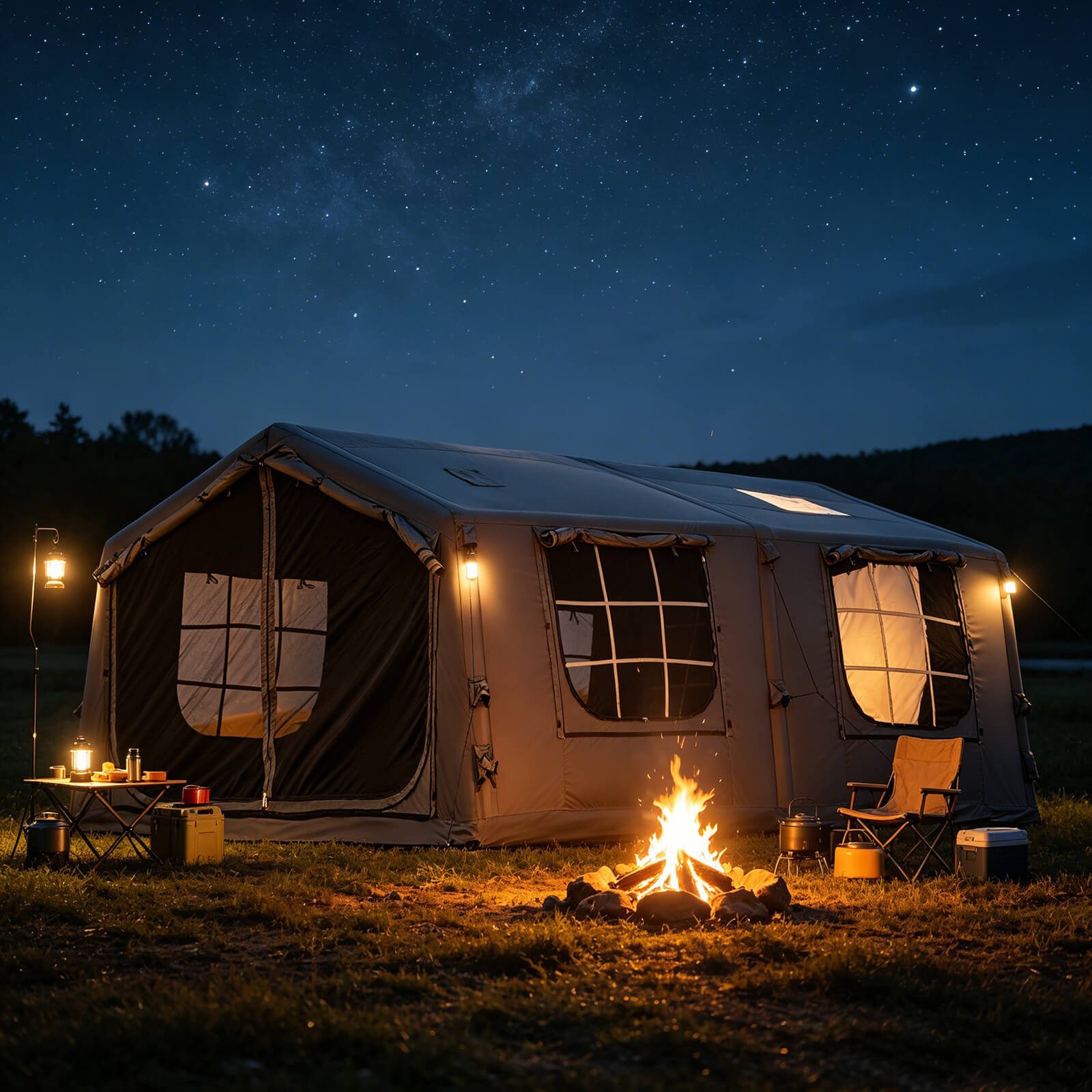 Night camping inflatable tent inflatable camping tent night camping warm lighting cozy outdoor