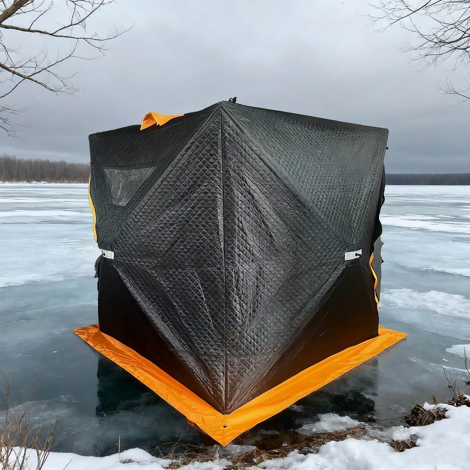 Night ice fishing tent setup ice fishing tent night use warm lighting cold weather shelter