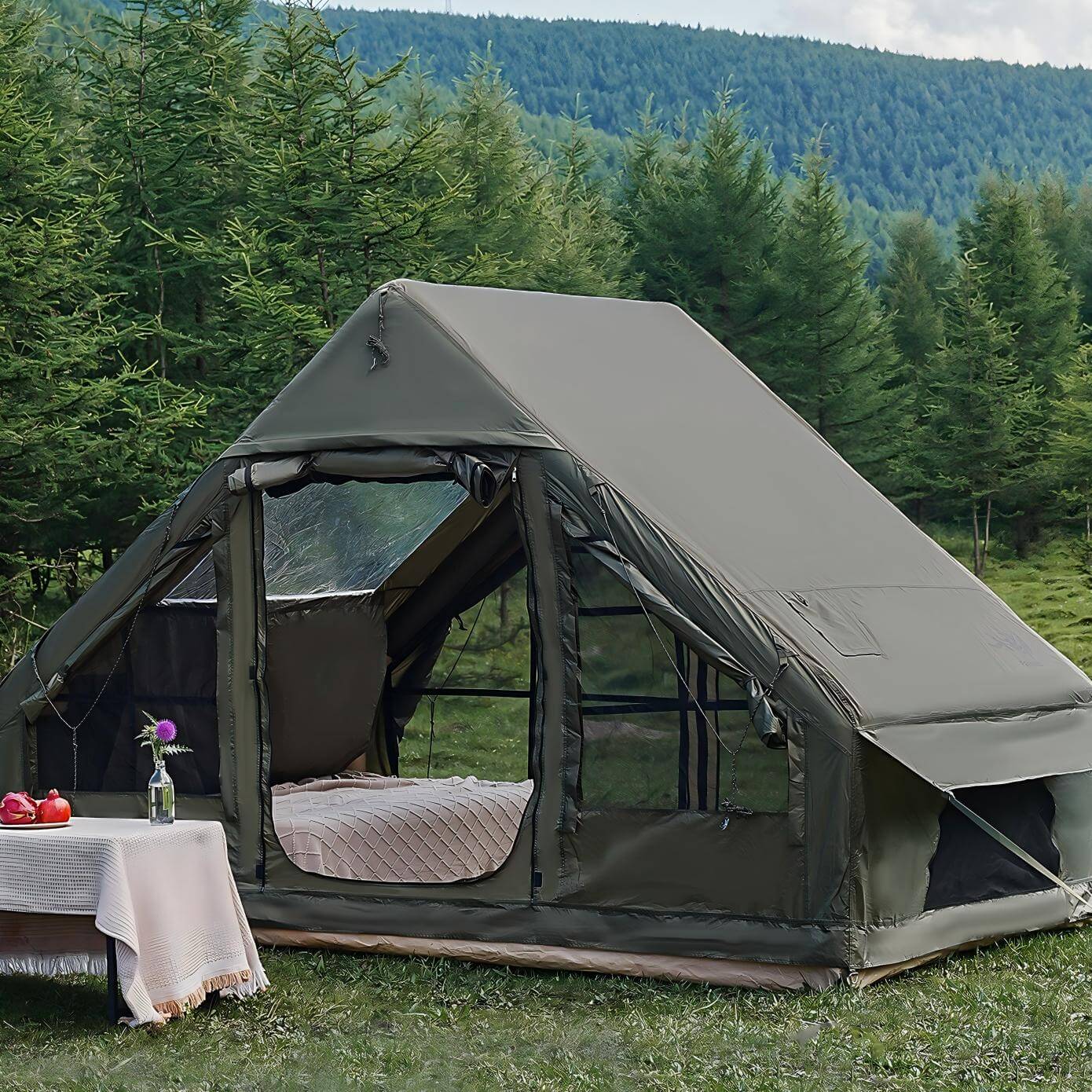 Family outdoor camping inflatable tent family using inflatable camping tent outdoor nature camping scene