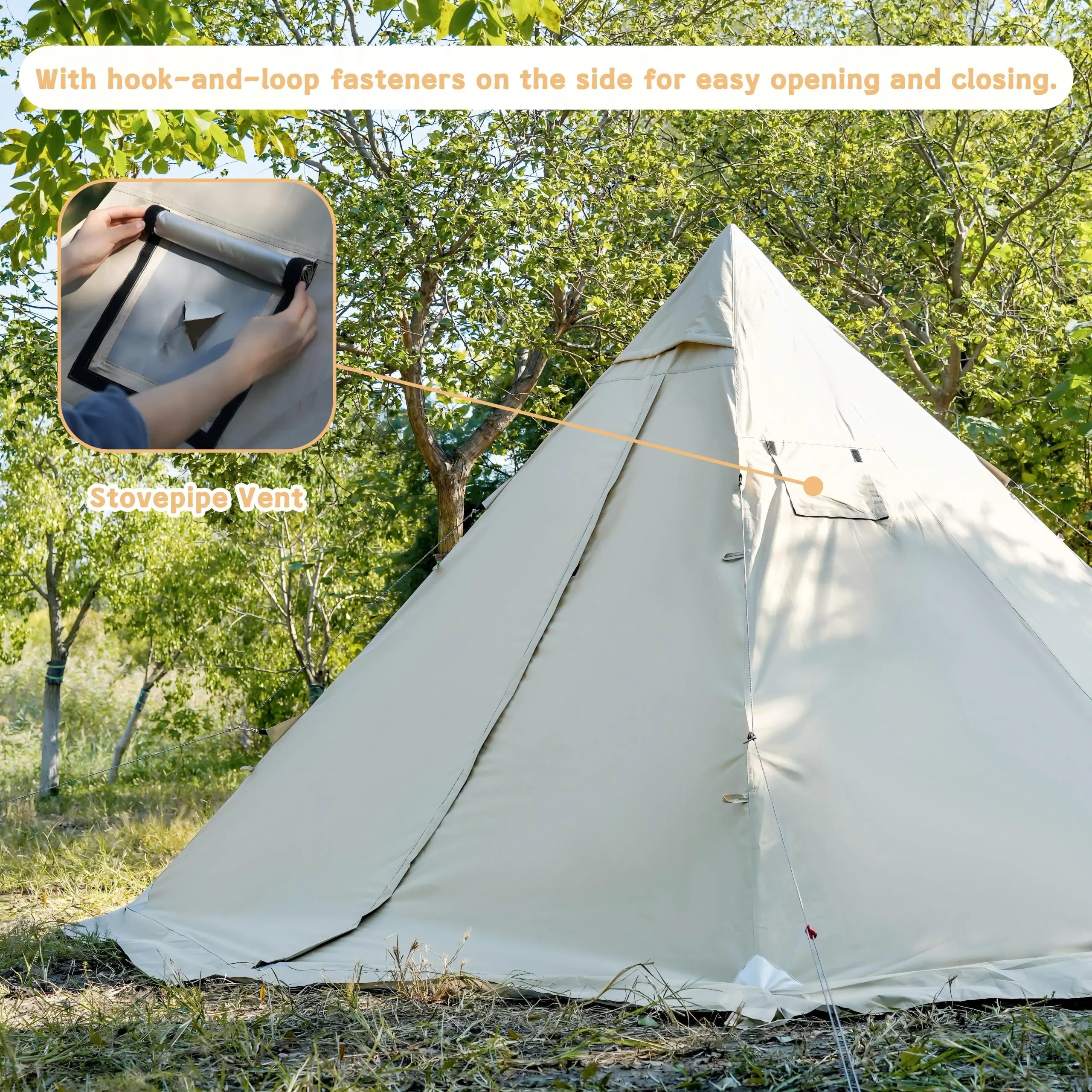Wide opening entrance hot tent wide door opening easy access outdoor camping shelter