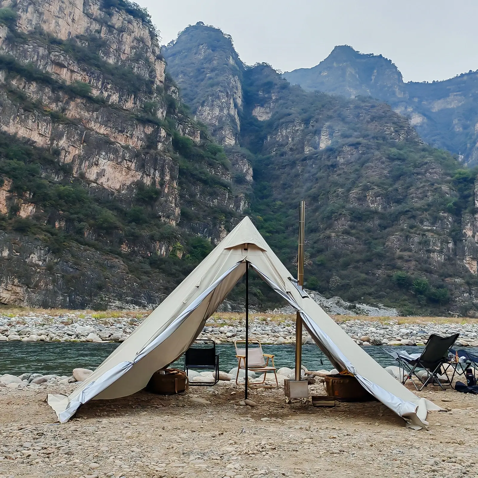 Daytime hot tent camping hot tent daytime camping outdoor shelter family camping setup