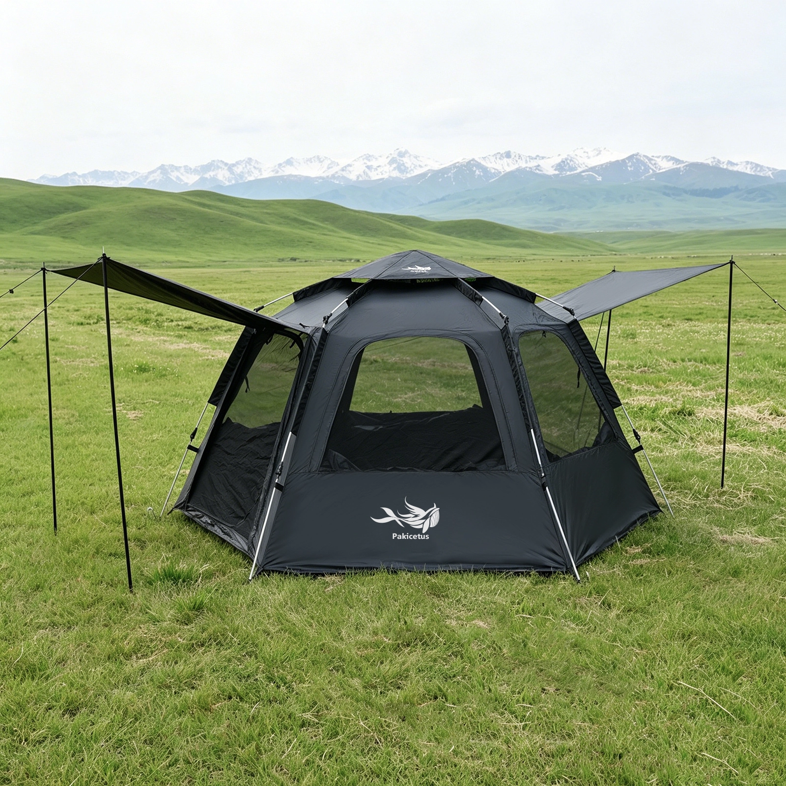 Large Black Hexagon Camping Tent – Instant Family Tent with Fast Setup & Ventilation