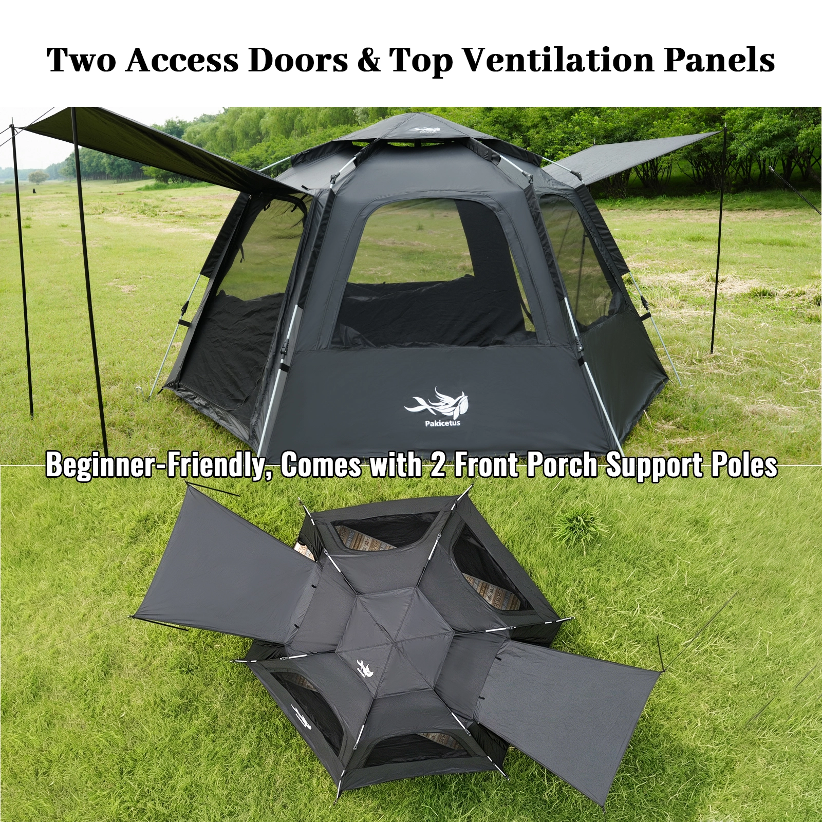 Double door design black hexagon camping tent double door design easy access ventilation