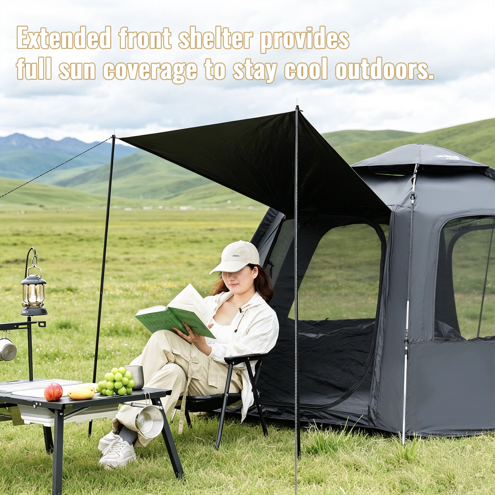 Extended awning canopy black hexagon camping tent extended awning outdoor shade canopy