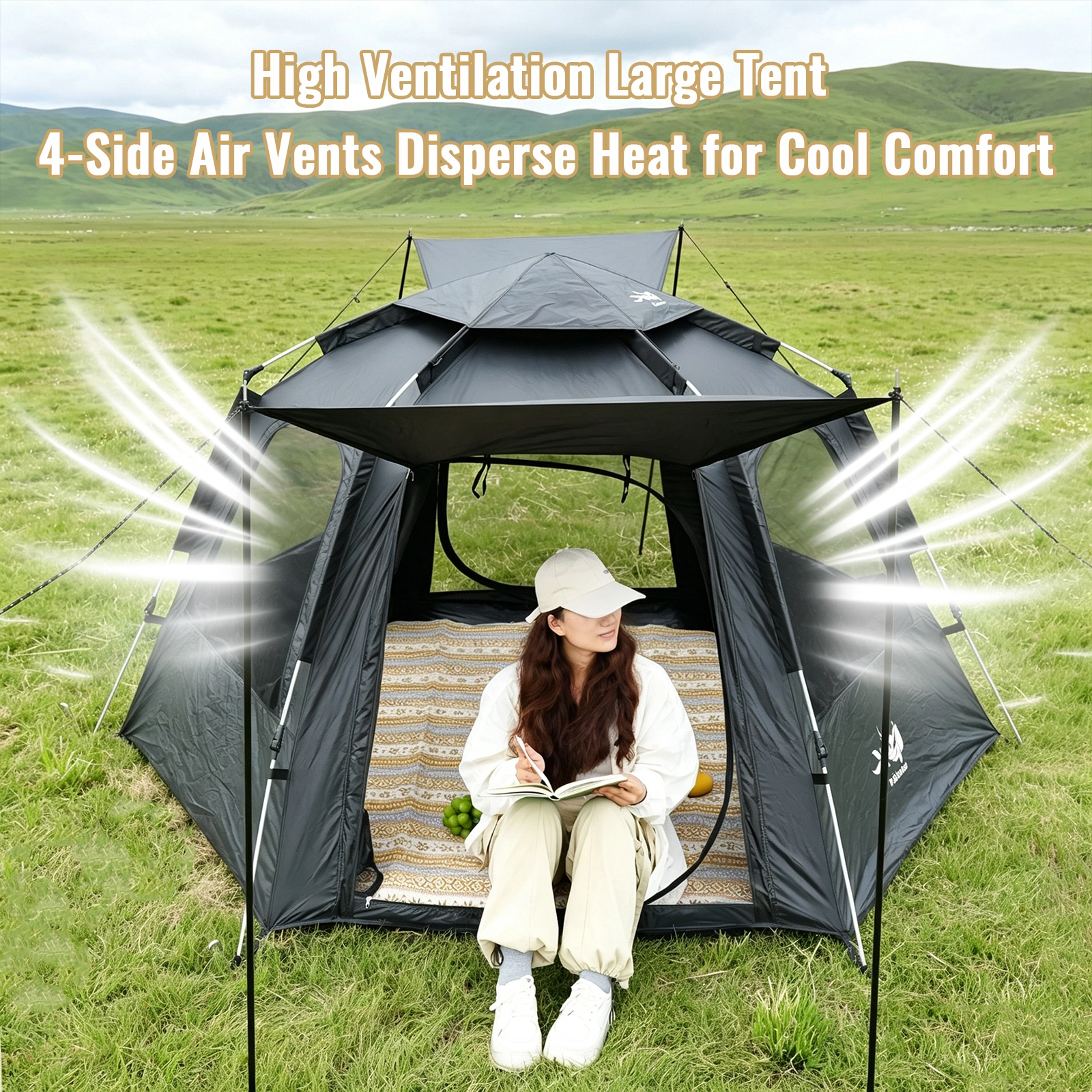 Excellent ventilation black hexagon camping tent ventilation windows breathable airflow outdoor