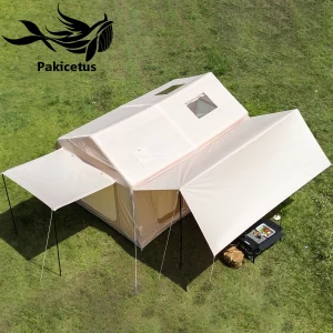 This double awning inflatable camping tent features spacious living space, dual side awnings, and fast air inflation for premium outdoor camping.